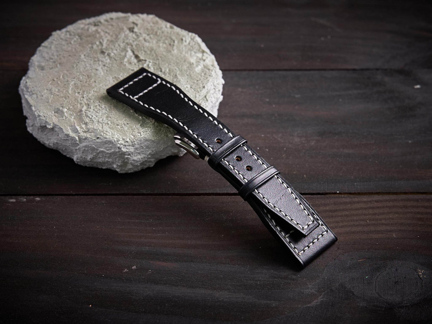 Black veg tan leather pilot strap. Customizable IWC strap.-2 Moons Leather