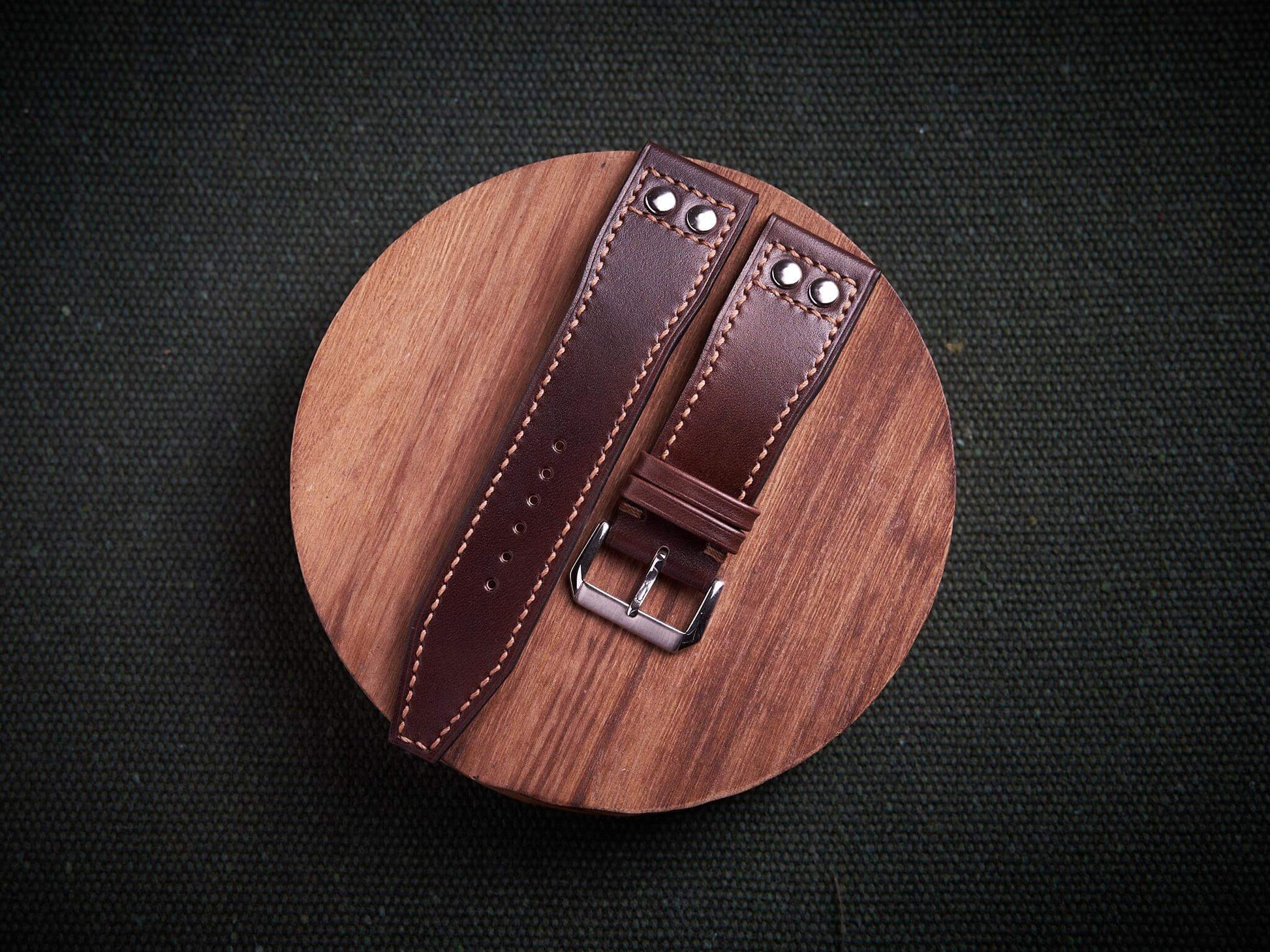 Dark brown veg tan leather rivet pilot strap. Customizable IWC strap.-2 Moons Leather