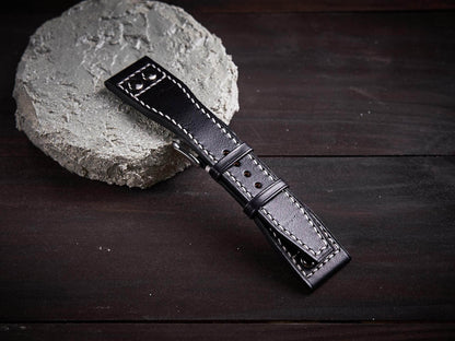 Black veg tan leather rivet pilot strap. Customizable IWC strap.-2 Moons Leather