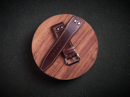 Dark brown veg tan leather rivet pilot strap. Customizable IWC strap.-2 Moons Leather