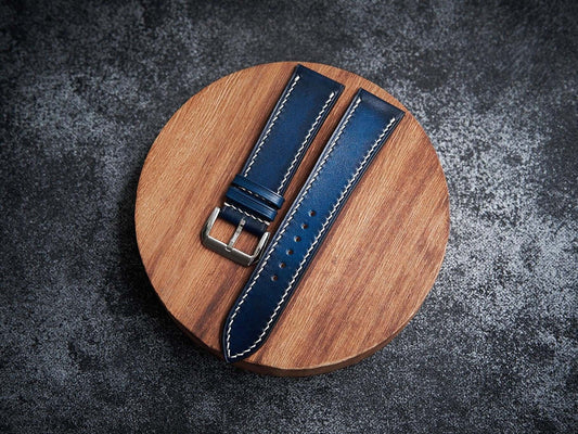 Blue leather watch strap. Customizable size and details.-2 Moons Leather