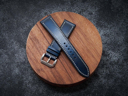 Blue leather watch strap. Customizable size and details.-2 Moons Leather