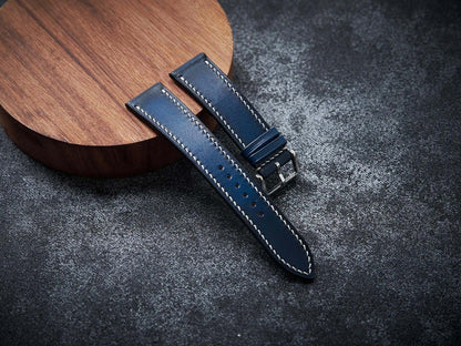 Blue leather watch strap. Customizable size and details.-2 Moons Leather